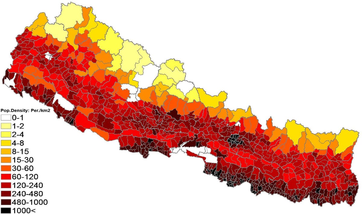 Nepal karta gustoće stanovništva