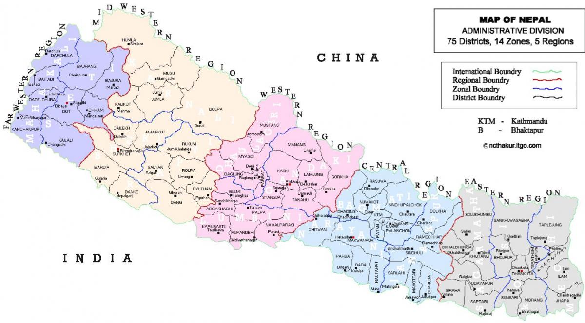 Nepal politička karta s područja