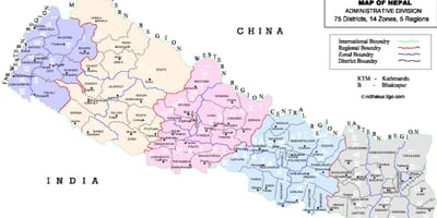 Nepal politička karta s područja